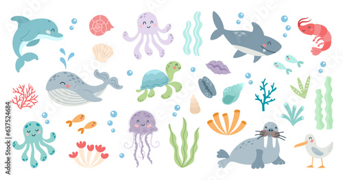 Zestaw uroczych zwierząt morskich w stylu kreskówki płaskiej Elementy projektu oceanu życia morskiego do drukowania ilustracji wektorowych karty plakatowej