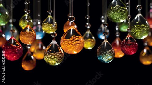 Colorful glass balls hanging on the ceiling. 3D illustration.
