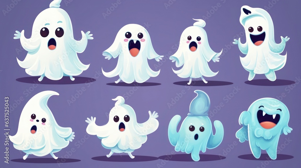 Halloween set of cute cartoon ghosts, illustration isolated on white background
