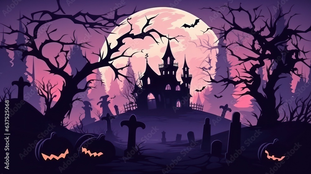 Halloween background with haunted house, graveyard and bats