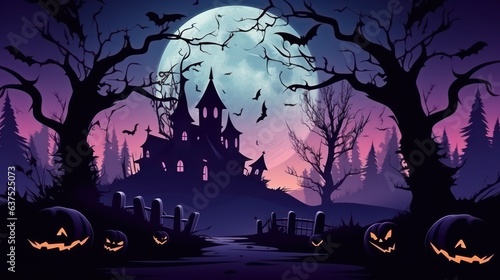 Halloween background with haunted house, graveyard and bats