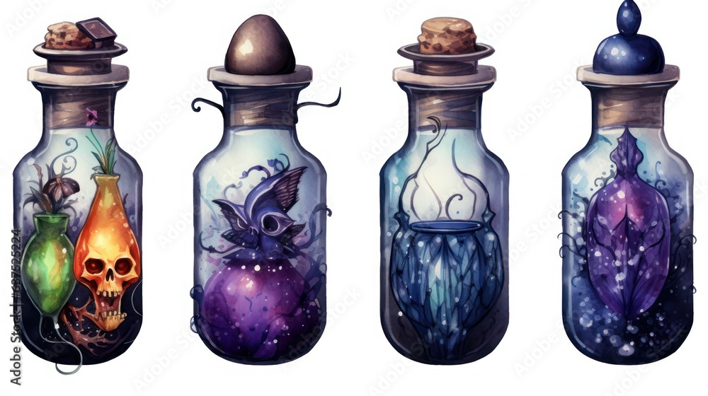 Halloween watercolor hand drawn illustration of magic potion bottles isolated on white background