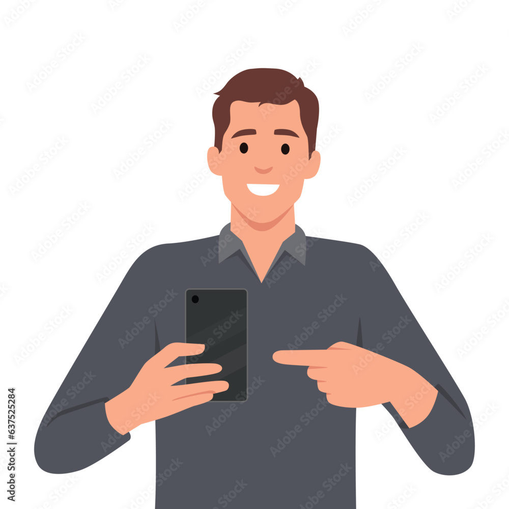 Stylish young businessman in vest suit showing blank mobile, cell phone and pointing finger. Trendy person holding smartphone screen. Flat vector illustration isolated on white background