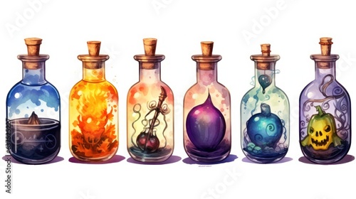 Halloween watercolor hand drawn illustration of magic potion bottles isolated on white background photo