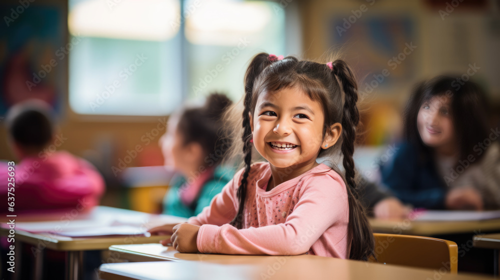 Little student sits at his desk at school and smiles Little student sits at his desk at school and smiles