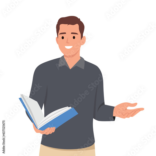 Teacher man pointing with finger. Warning and teaching pose. Flat vector illustration isolated on white background