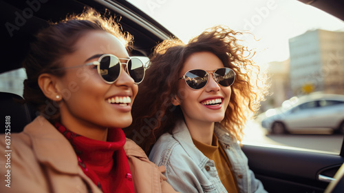 Two African-American girls smiling while traveling with sunglasses on. Created with Generative AI technology. © MP Studio