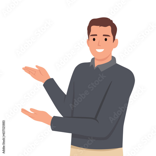 Happy man points to something. Character for advertisement. Guy shows a direction with a hand. Flat vector illustration isolated on white background