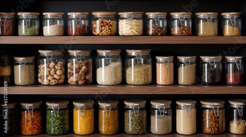 Efficiently store food in kitchen with clear, reusable jars for cereals and pasta in a sustainable pantry.