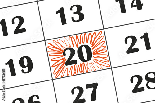 The date in calendar 20 is marked with a red pencil. Save the date recorded in the calendar
