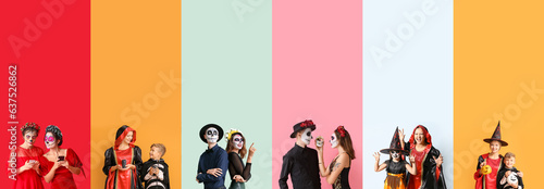 Fotografia Group of people dressed for Halloween party on color background