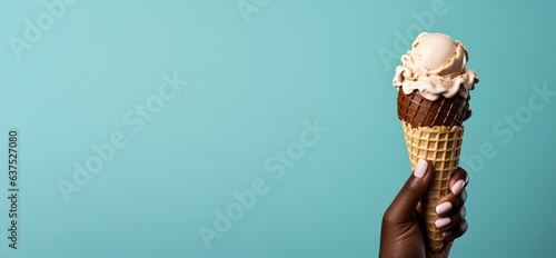 Black hand holding ice cream cone on blue background