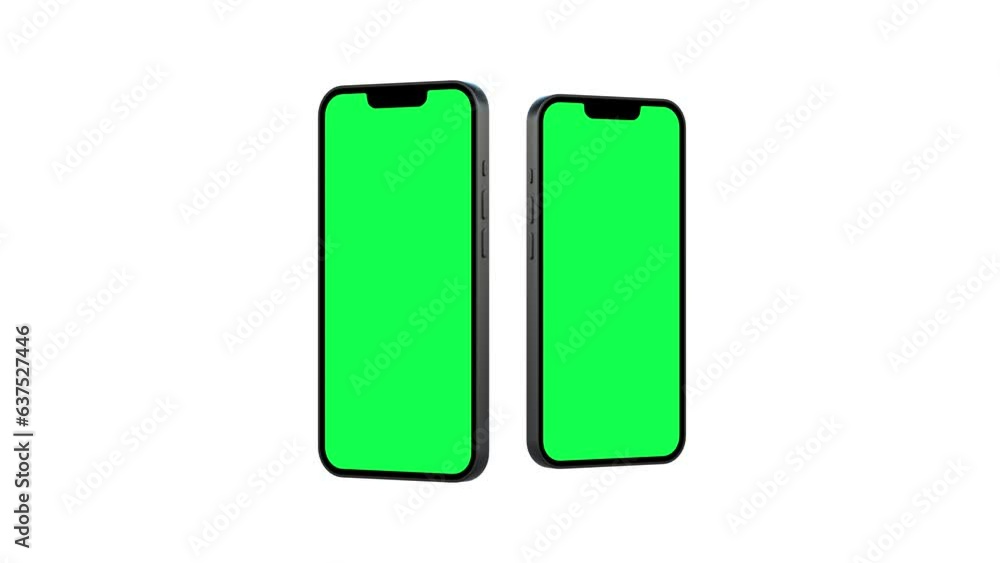Animated side perspective view smartphones with green screen for mockup isolated white background Animated side perspective view smartphones with green screen for mockup isolated white background