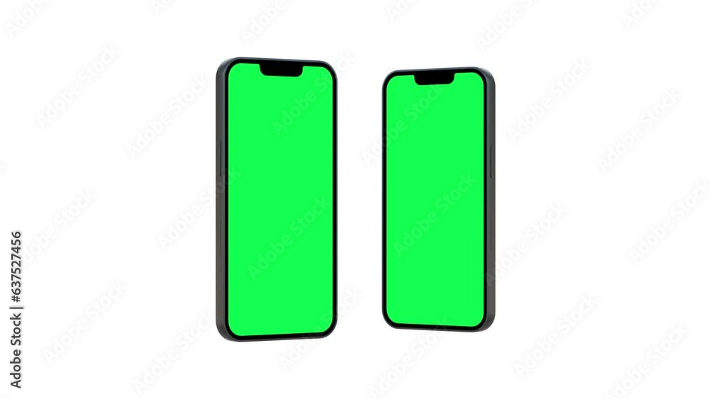 Animated side perspective view smartphones with green screen for mockup isolated white background Animated side perspective view smartphones with green screen for mockup isolated white background