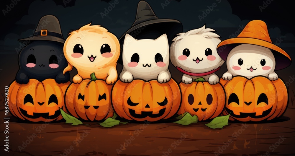 A group of cats sitting on top of pumpkins