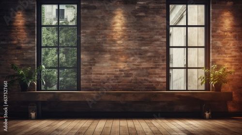 Spacious floor to ceiling window on concrete wall with wooden sill. Stylish loft industrial interior with brick and dark background. Ideal for adding text.