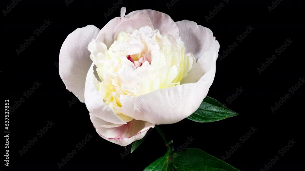 White Pink Peony Blooming in Time Lapse on a Black Background. Tender Flower Moving Petals Close Up While Blossoming. Tender Spring Flower with Yellow Center White Pink Peony Blooming in Time Lapse on a Black Background. Tender Flower Moving Petals Close Up While Blossoming. Tender Spring Flower with Yellow Center