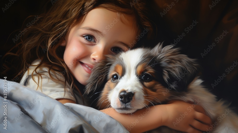 A little girl holding a dog on a bed A little girl holding a dog on a bed