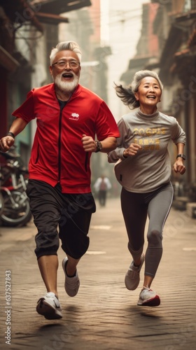 A man and a woman running down a street