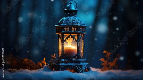 A candle is lit on a snowy night