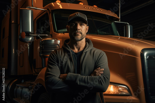 Portrait of a truck driver standing in front of his truck © thejokercze