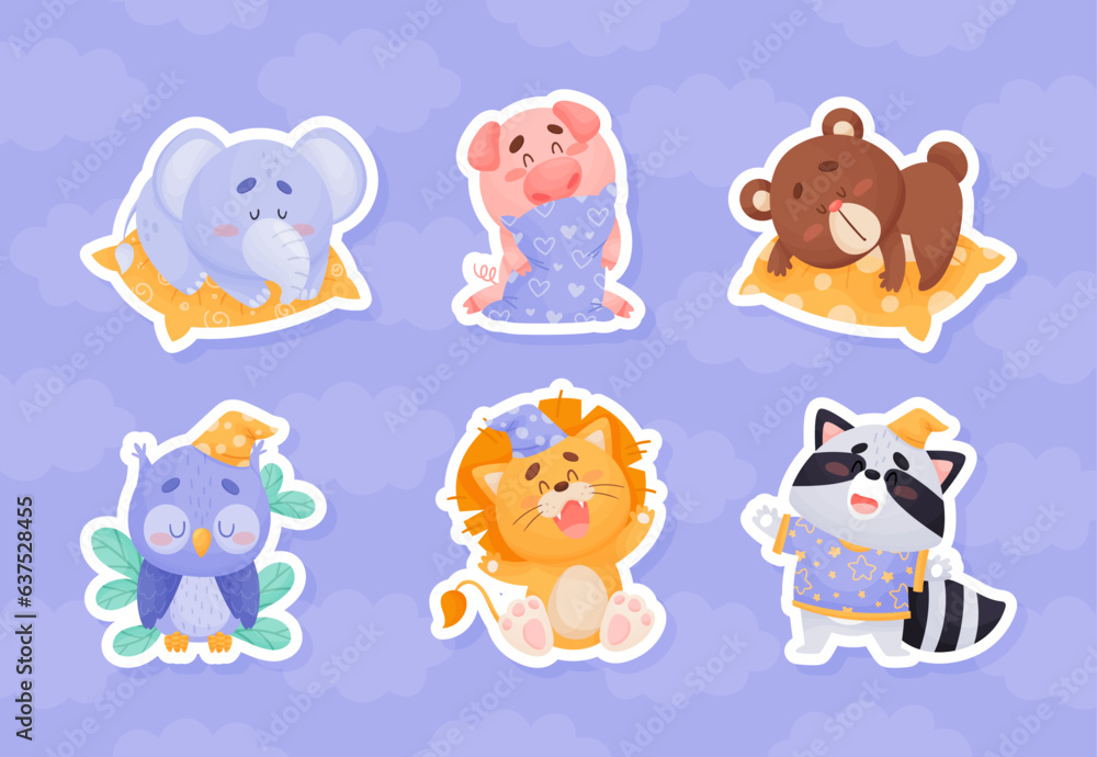 Sleepy Animal Cartoon with Cute Snout and Pillow Vector Sticker Set Sleepy Animal Cartoon with Cute Snout and Pillow Vector Sticker Set