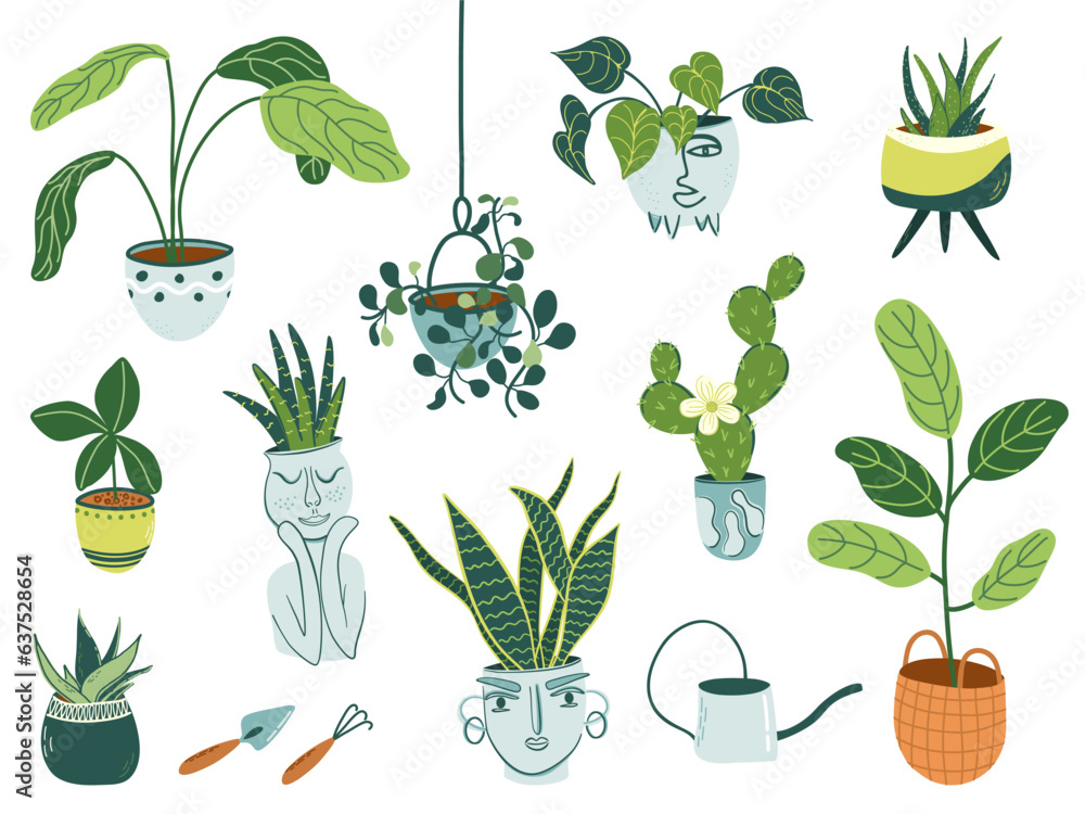 Cute green natural home decor, urban jungle, cozy home concept. Set of potted houseplants. Flower pots with anthropomorphic faces. Hobby gardening. Flat style hand drawn vector illustration.
Cute green natural home decor, urban jungle, cozy home concept. Set of potted houseplants. Flower pots with anthropomorphic faces. Hobby gardening. Flat style hand drawn vector illustration.