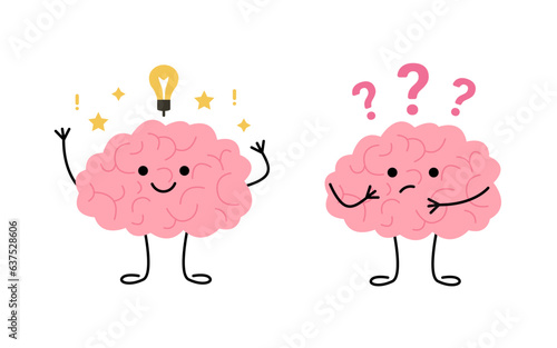 Brain think, light bulb as idea and doubt over question, cute child character. Happy brain learn and finds solution. Confused brain, seek answer. Vector