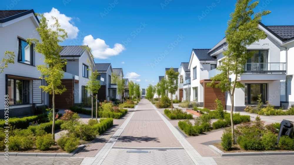 Newly built modern suburban area with Dutch family houses and apartments. Generative AI - obrazy, fototapety, plakaty 