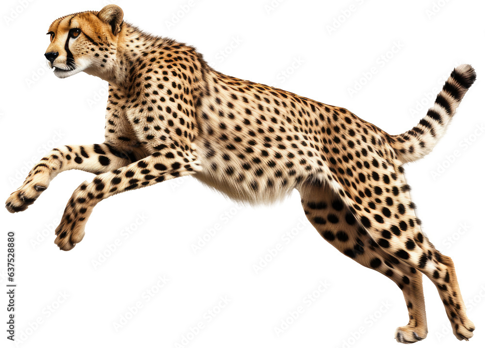 jumping african cheetah isolated on a white background as transparent PNG, animal - obrazy, fototapety, plakaty 