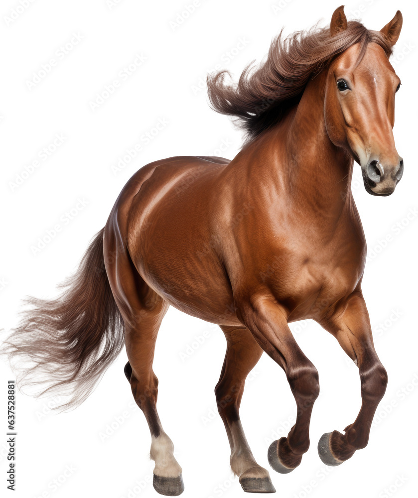 Obraz premium Beautiful running brown horse isolated on a white background as transparent PNG, farm animal