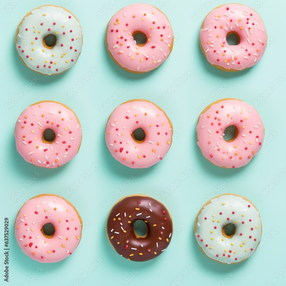 Trendy sunlight Summer pattern made with various donuts on bright light blue background. Minimal summer food concept Trendy sunlight Summer pattern made with various donuts on bright light blue background. Minimal summer food concept