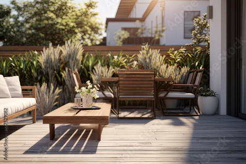 Foto Beautiful of modern terrace with wood deck flooring and fence, green potted flowers plants and outdoors furniture