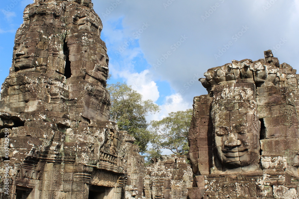 Stone carvings at the Angkor Wat and Angkor Thom temple complexes in northwestern Cambodia. 