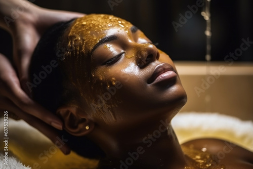 African American woman during spa treatment - a mask and a bath photo