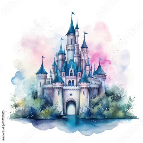 Watercolor princess castle isolated