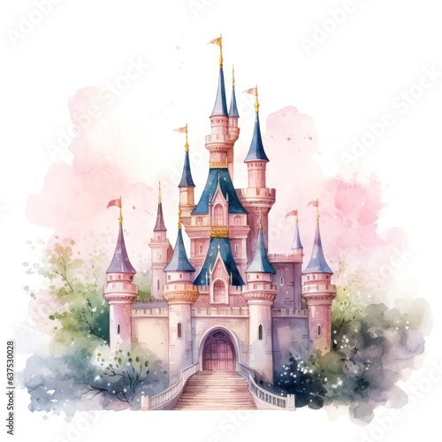 Watercolor princess castle isolated