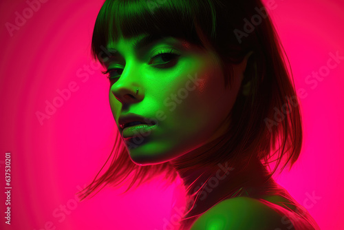Beautiful woman portrait with pink and fuchsia colors