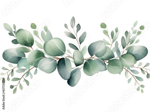 Watercolor eucalyptus leaves border isolated.
