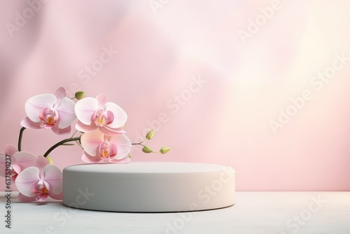 3D background pedestal podium with orchid flowers