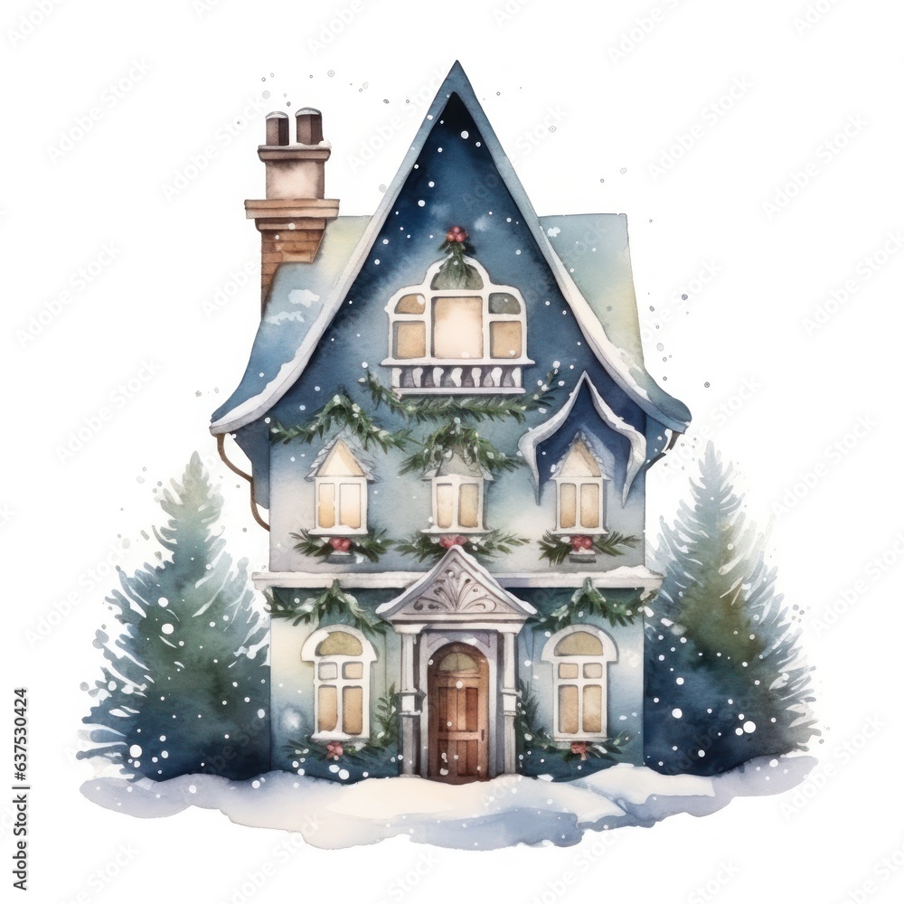 Fototapeta premium Watercolor cute Christmas house isolated