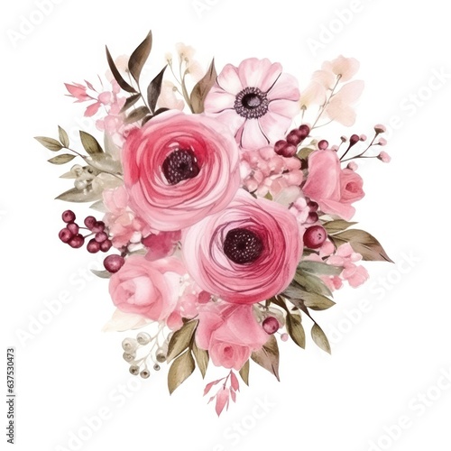 Watercolors pink flower bouquets leaf branches isolated