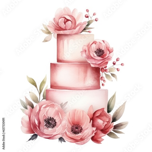 Watercolor wedding cake with flowers isolated.