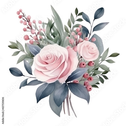 Blossoming flower bouquet of roses and euca isolated.