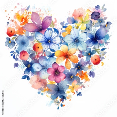 Watercolor Flowers in Shape of Heart isolated