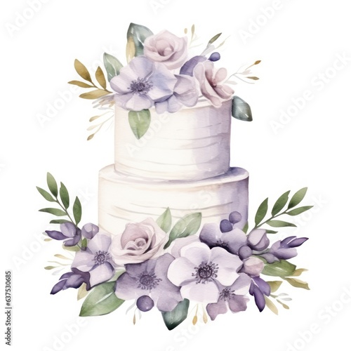 Watercolor wedding cake with flowers isolated.