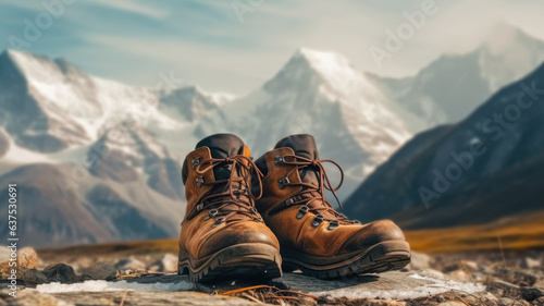 A pair of hiking boots lying in the grass in front of a beautiful mountainous landscape. Place for text. Tourist equipment.