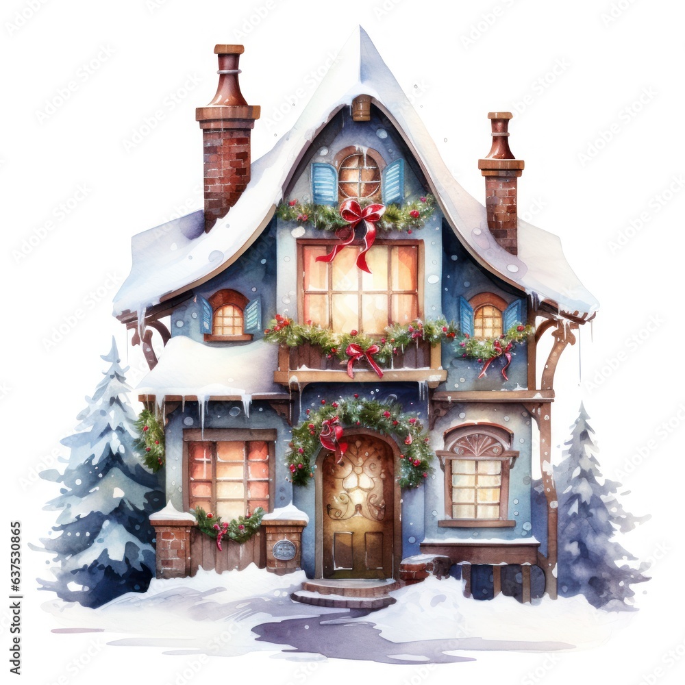 Fototapeta premium Watercolor cute Christmas house isolated