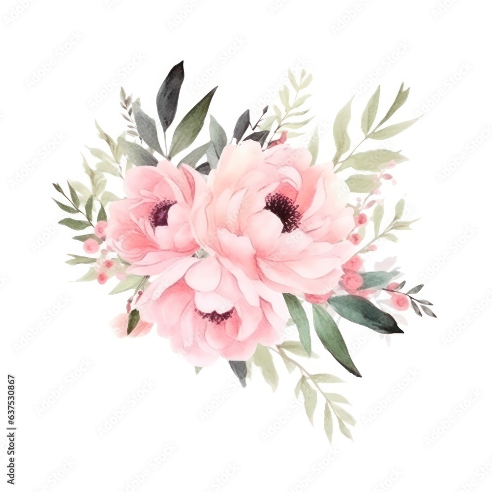 Watercolors pink flower bouquets leaf branches isolated Watercolors pink flower bouquets leaf branches isolated