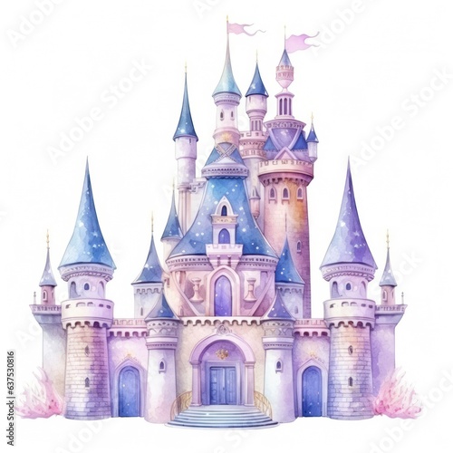 Watercolor princess castle isolated